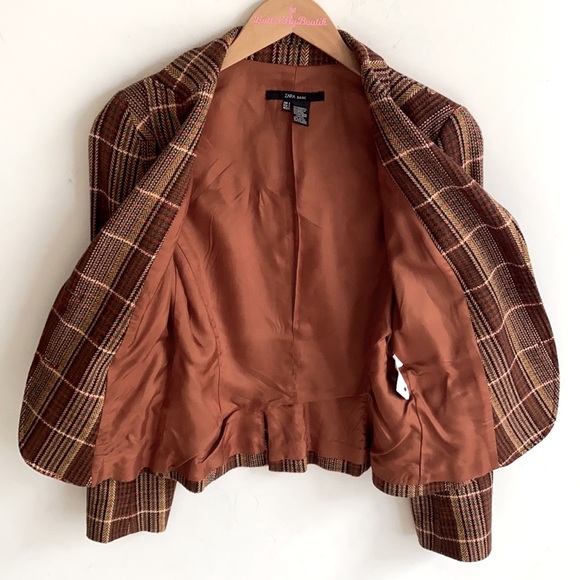 Zara Basic Brown Wool Blend Tweed Blazer with Velvet Elbow Pads, Size S - Picture 13 of 13